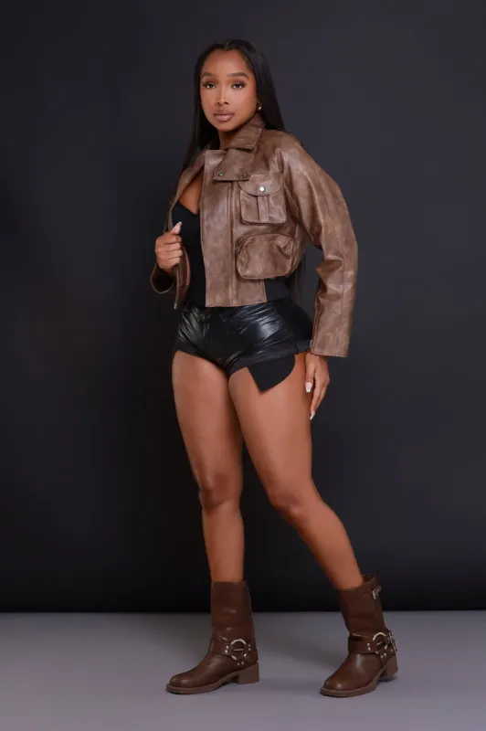 What We Do Vintage Faux Leather Jacket - Brown sold by Swankaposh