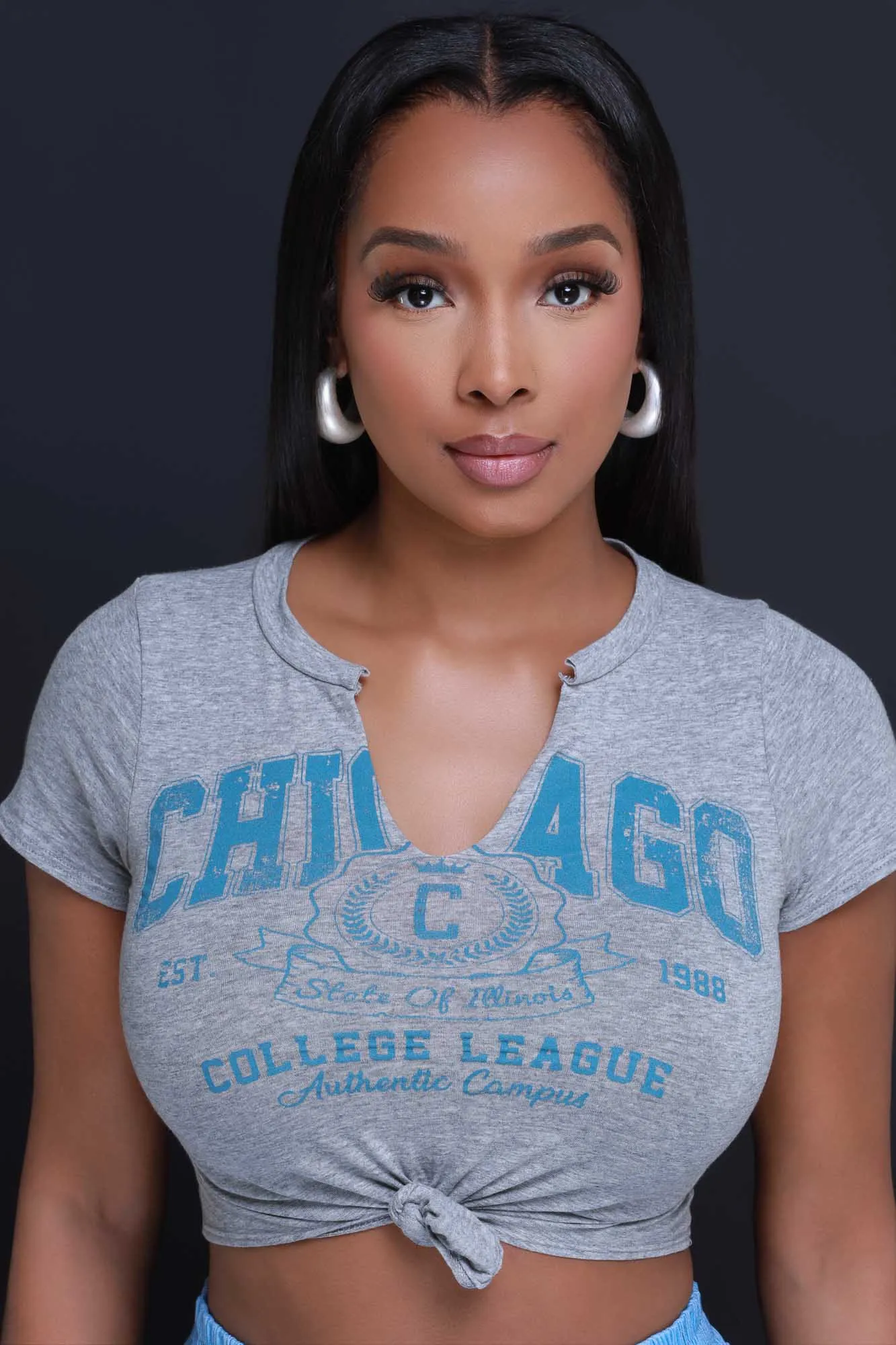 Chi-Town Graphic Print Knotted T-Shirt - Grey sold by Swankaposh