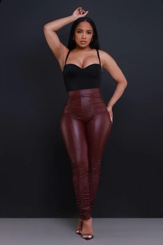 Be Honest Ruched High Waist Pants - Burgundy Faux Leather Leggings sold by Swankaposh