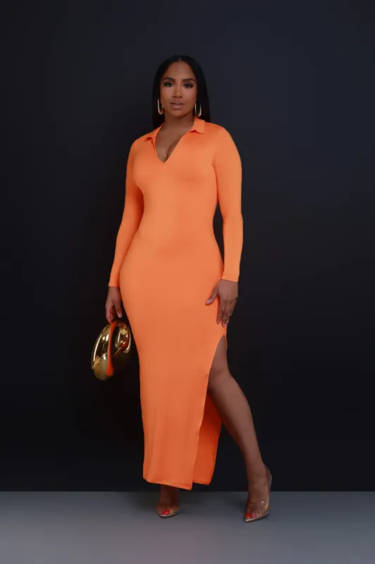 Case Closed Long Sleeve Maxi Dress - Tangerine sold by Swankaposh