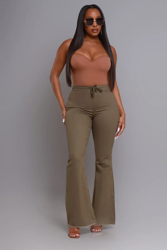 Seek Shelter High Rise Pull-On Flared Pants - Olive sold by Swankaposh