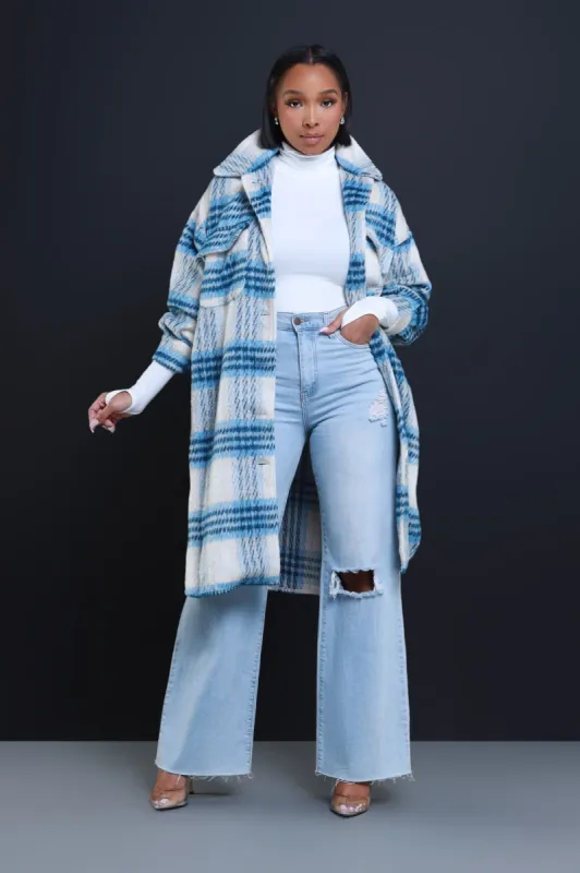 Stick With Me Oversized Flannel Coat - Blue sold by Swankaposh