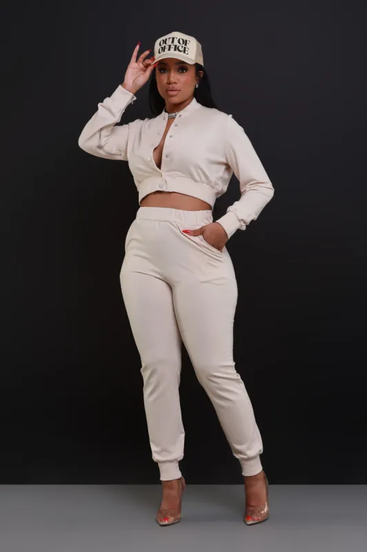 Top Priority Zippered Cropped Jogger Set - Tan sold by Swankaposh