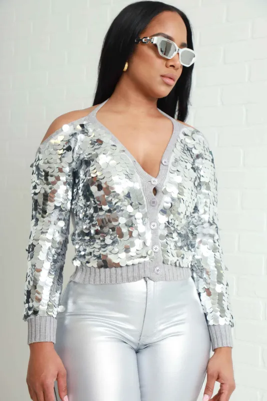Post On Insta Sequin Cut Out Cardigan - Silver sold by Swankaposh