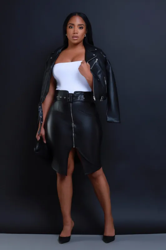 Late Fee Belted Faux Leather Midi Skirt - Black sold by Swankaposh