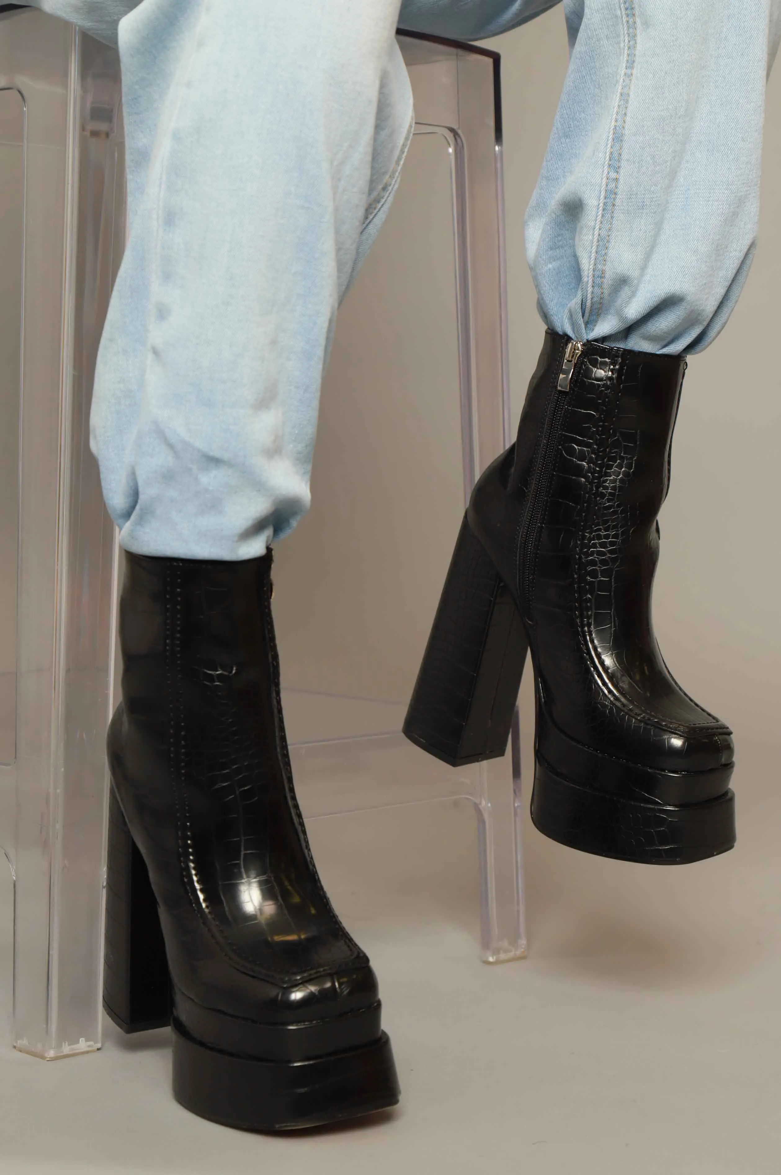 Finer Things Faux Leather Crocodile Platform Chelsea Boot - Black sold by Swankaposh