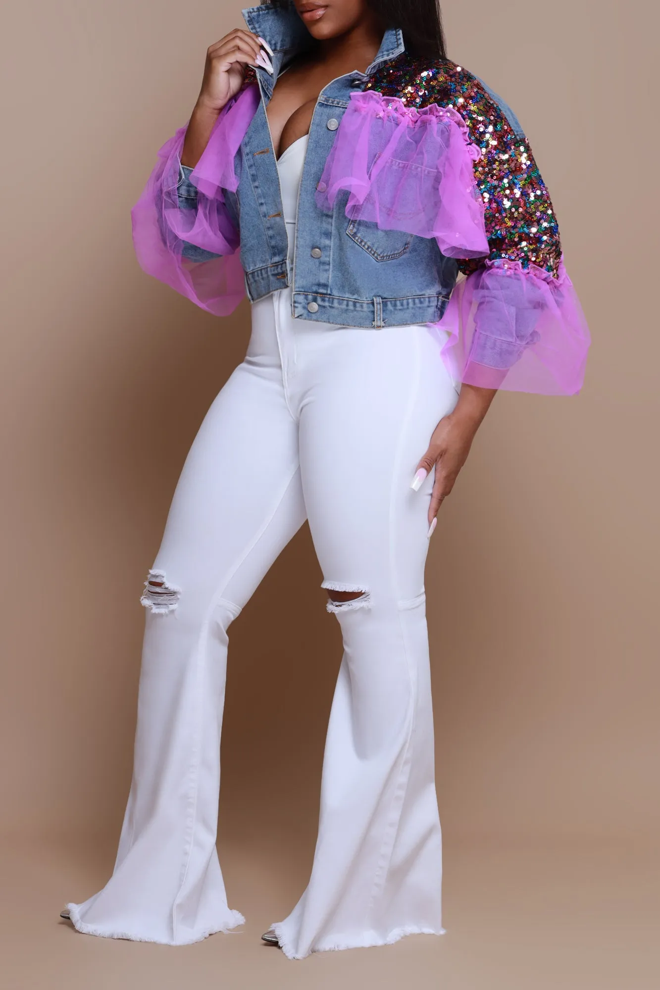 Tell Me More Embellished Denim Jacket - Light Wash sold by Swankaposh product image thumbnail 4