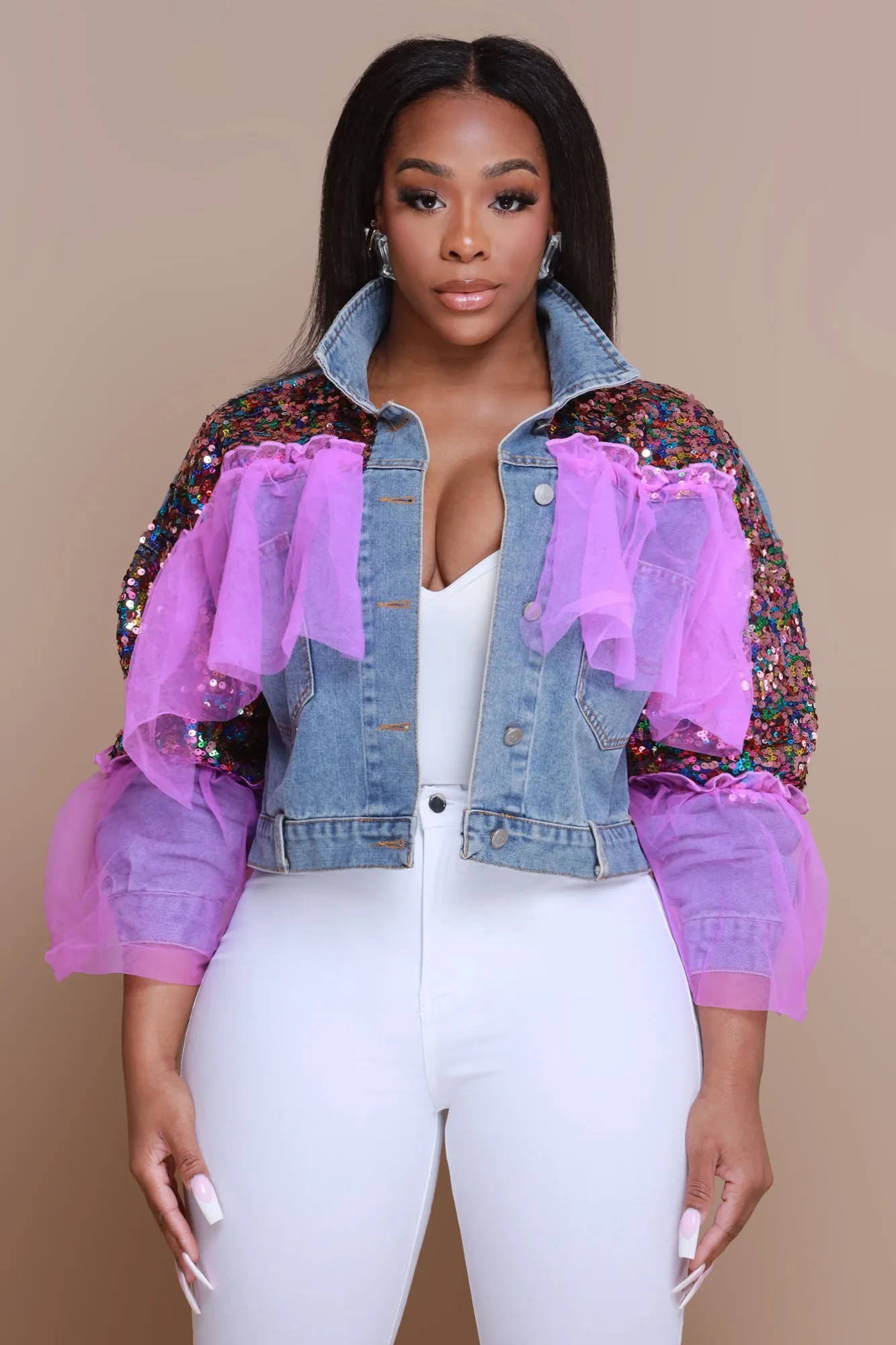 Tell Me More Embellished Denim Jacket - Light Wash sold by Swankaposh