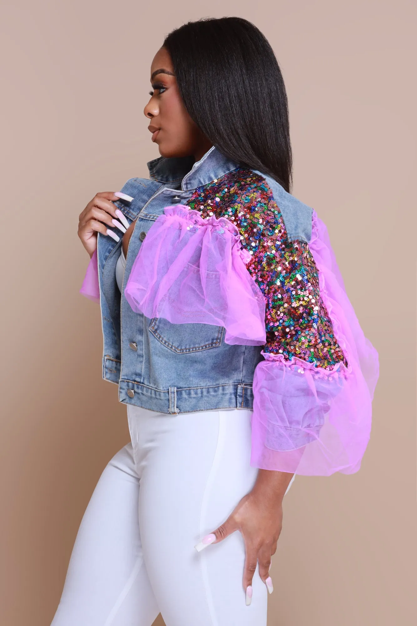 Tell Me More Embellished Denim Jacket - Light Wash sold by Swankaposh product image thumbnail 5