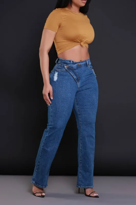 Take The Call High Rise Asymmetrical Bootcut Jeans - Medium Wash sold by Swankaposh