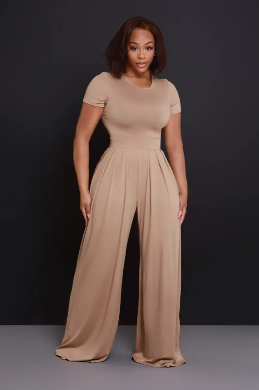 Full Attention Short Sleeve Palazzo Pants Set - Khaki sold by Swankaposh