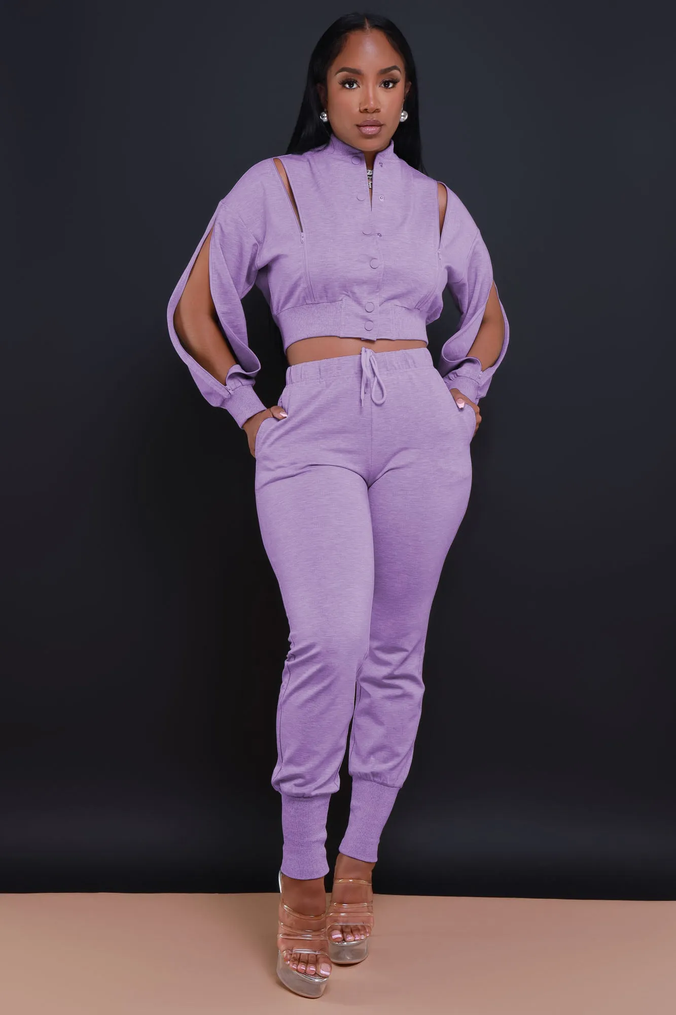 Top Priority Zippered Cropped Jogger Set - Lavender sold by Swankaposh