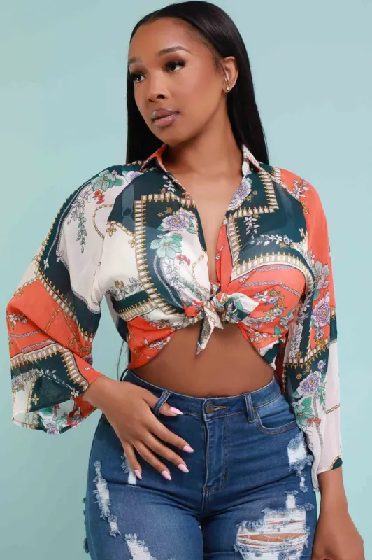 Too Hot Printed Long Sleeve Tie Up Top - Orange Multicolor sold by Swankaposh
