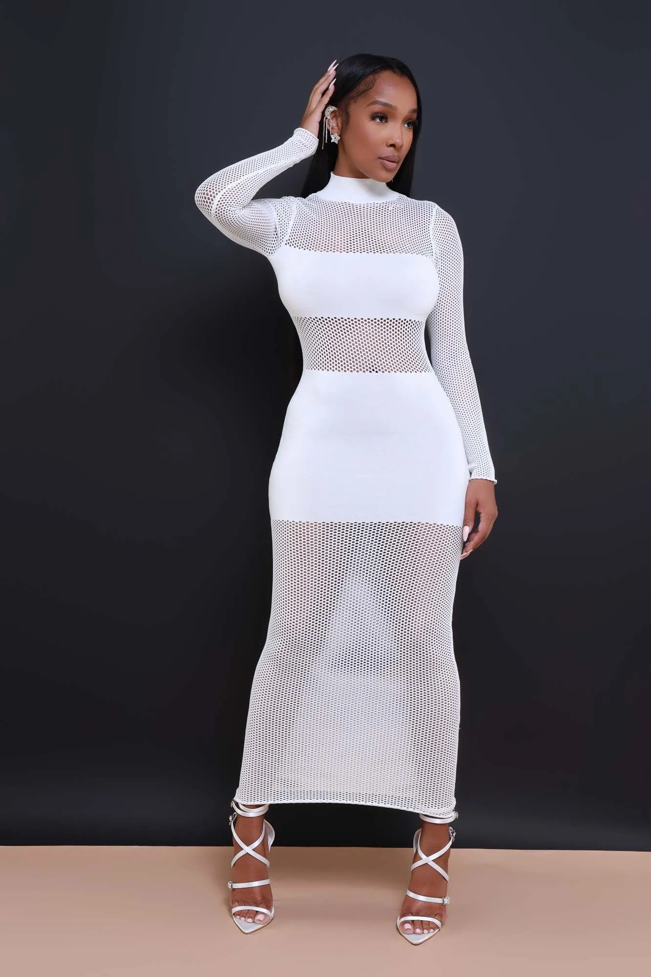 True Fame Mock Neck Mesh Maxi Dress - White sold by Swankaposh product image thumbnail 2