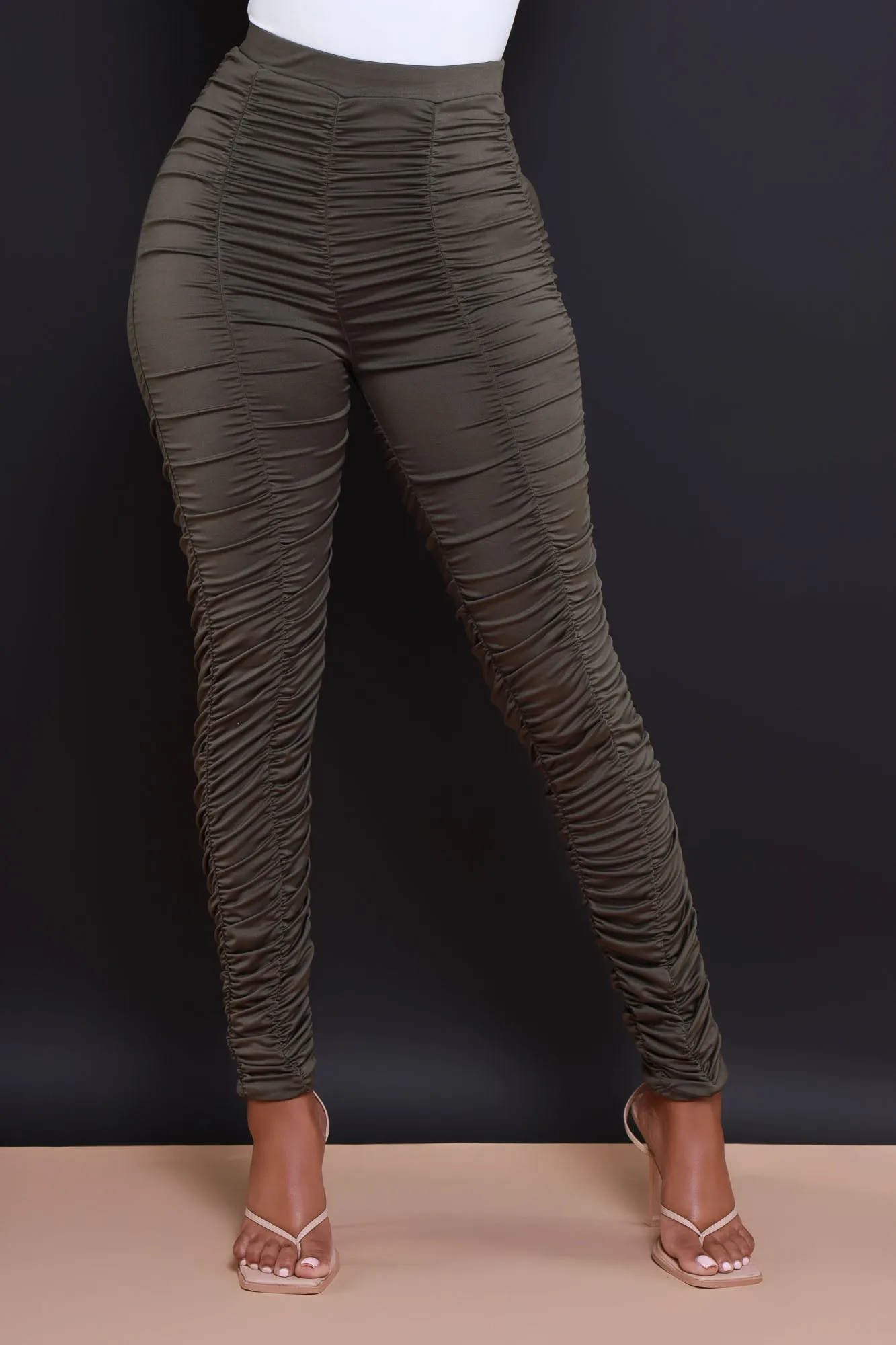 Be Honest Ruched High Waist Pants - Olive Stretch Leggings sold by Swankaposh product image thumbnail 4
