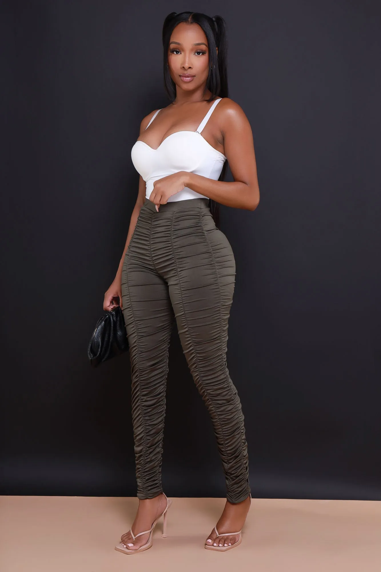 Be Honest Ruched High Waist Pants - Olive Stretch Leggings sold by Swankaposh product image thumbnail 5