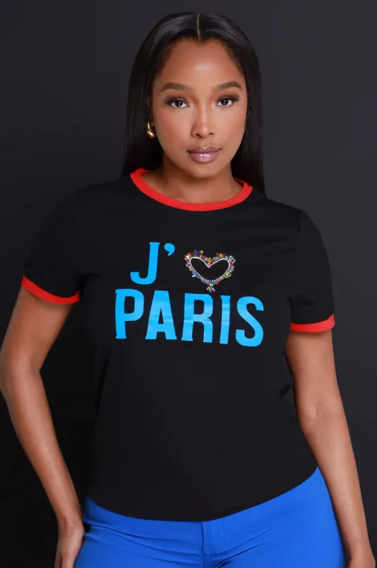 Love Paris Embellished Graphic T-Shirt - Black sold by Swankaposh