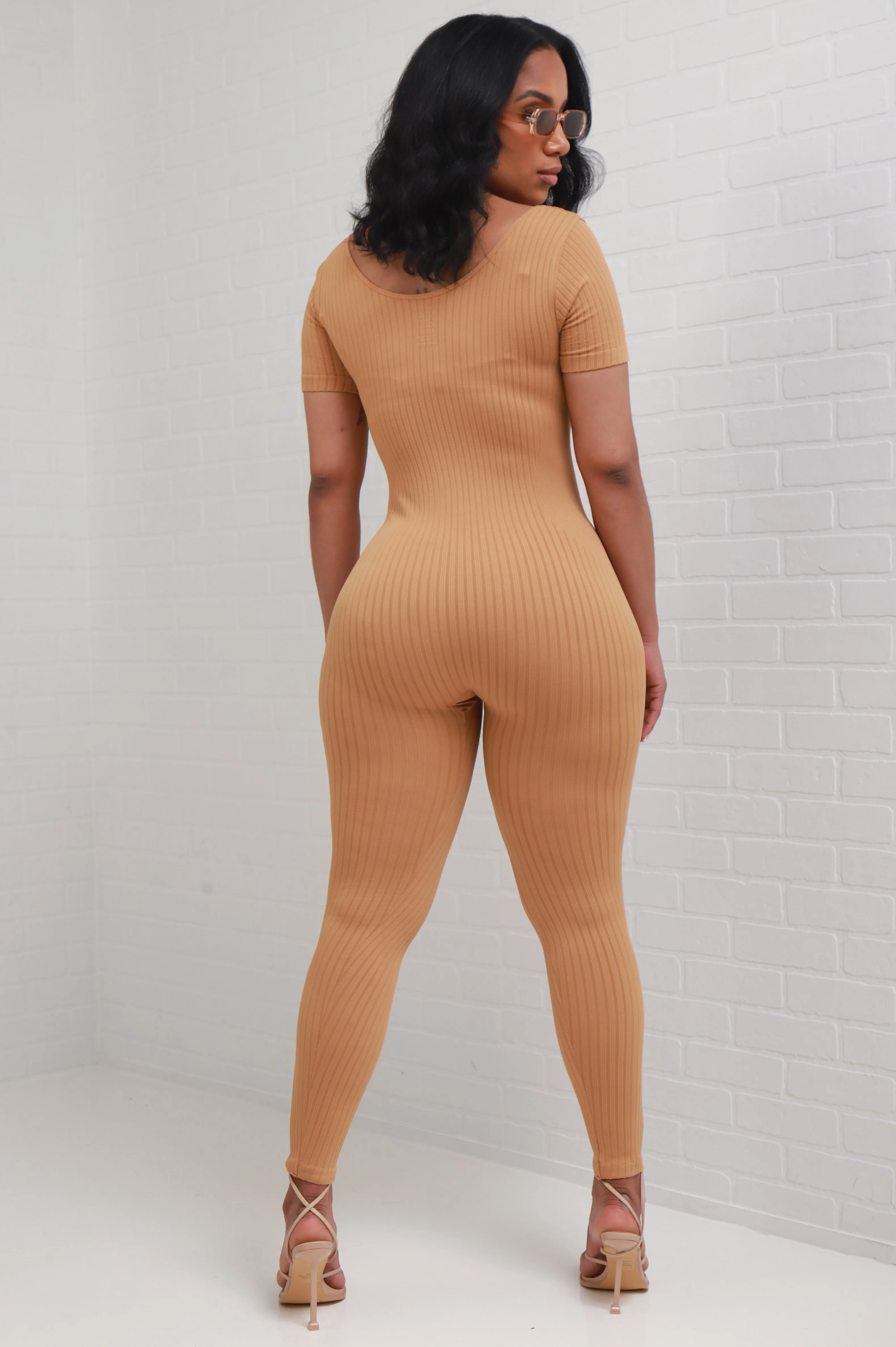 Hustle Hard Short Sleeve Ribbed Jumpsuit - Khaki sold by Swankaposh product image thumbnail 2