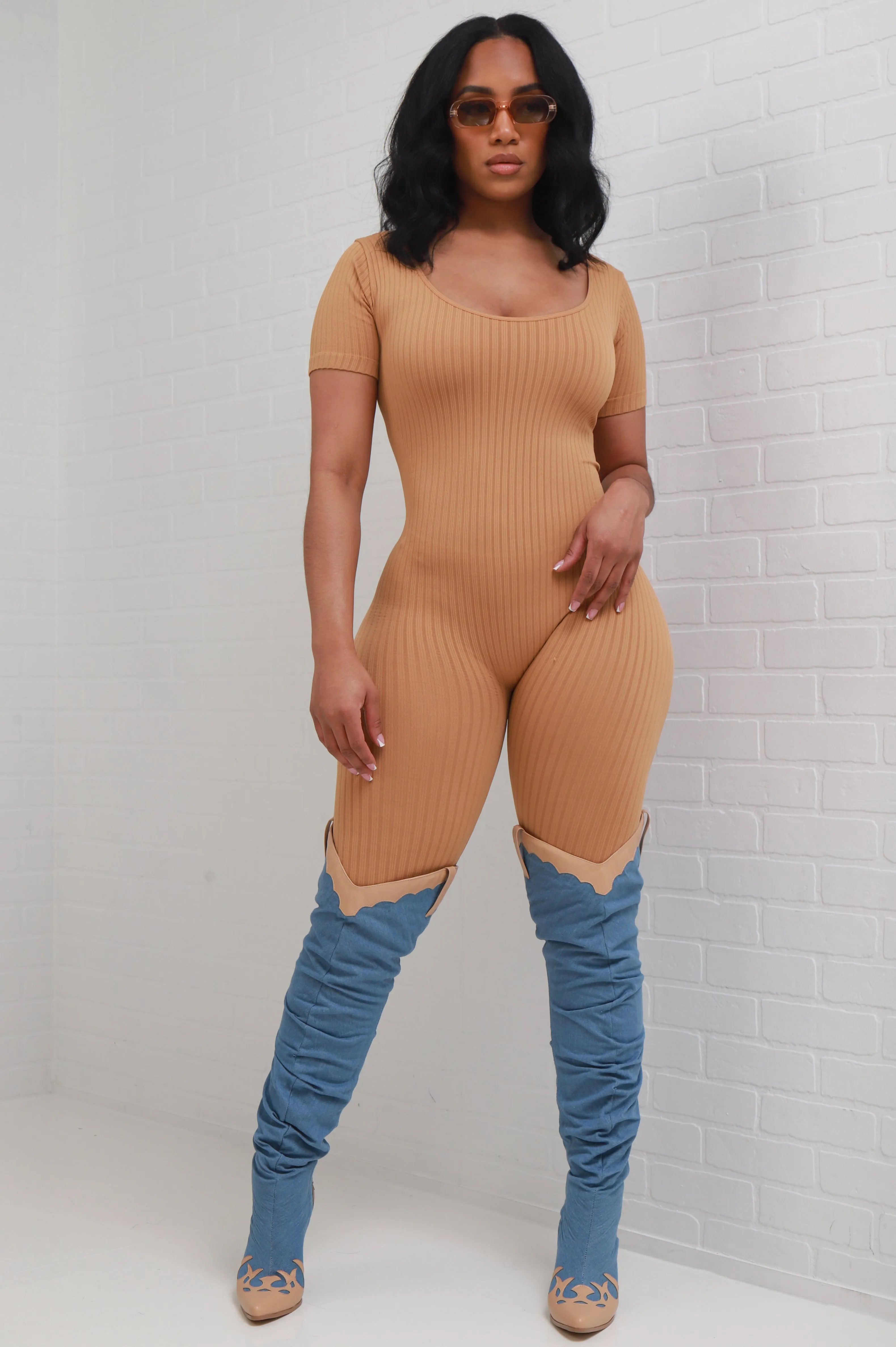 Hustle Hard Short Sleeve Ribbed Jumpsuit - Khaki sold by Swankaposh product image thumbnail 3