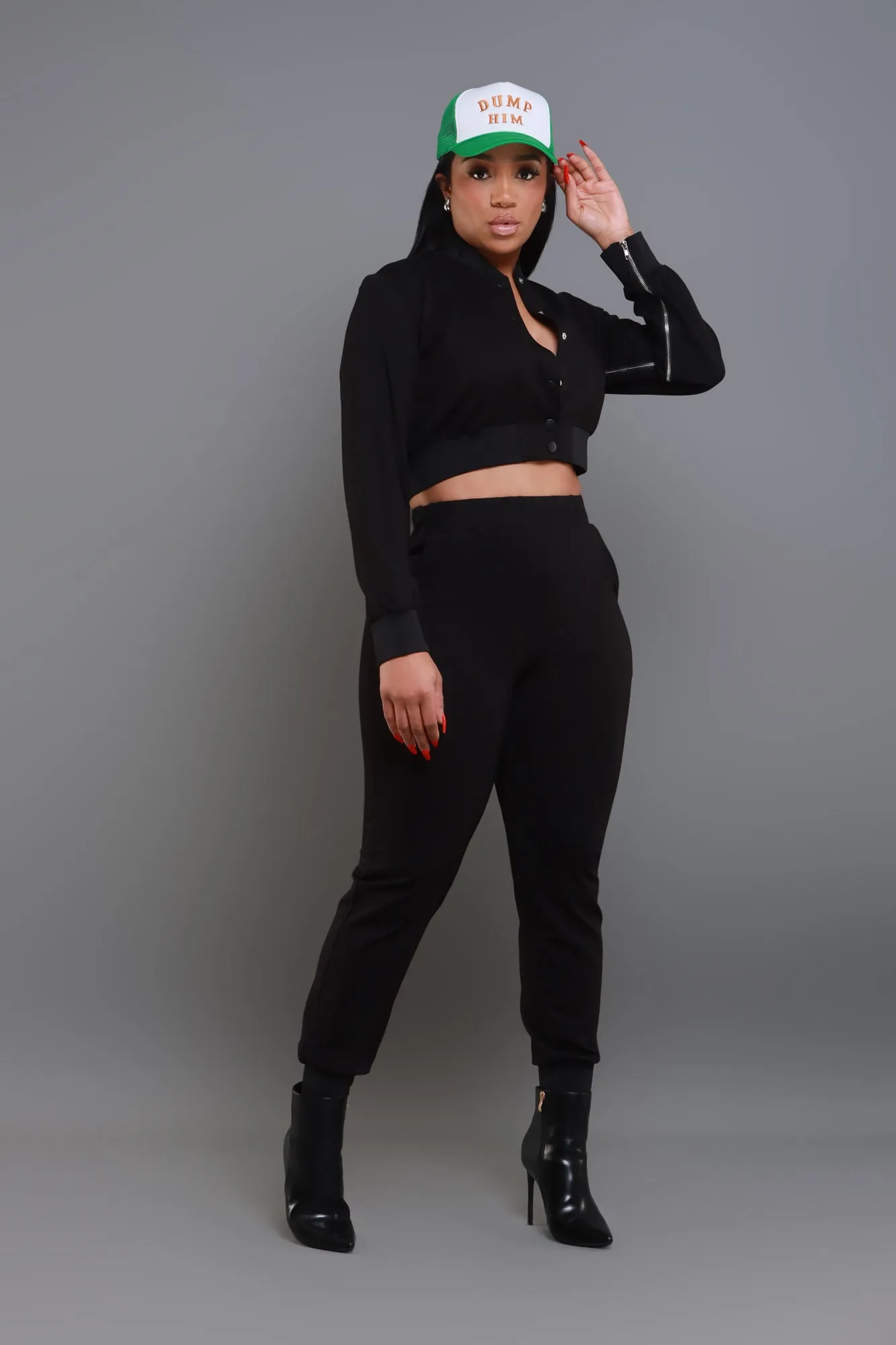 Top Priority Zippered Cropped Jogger Set - Black sold by Swankaposh