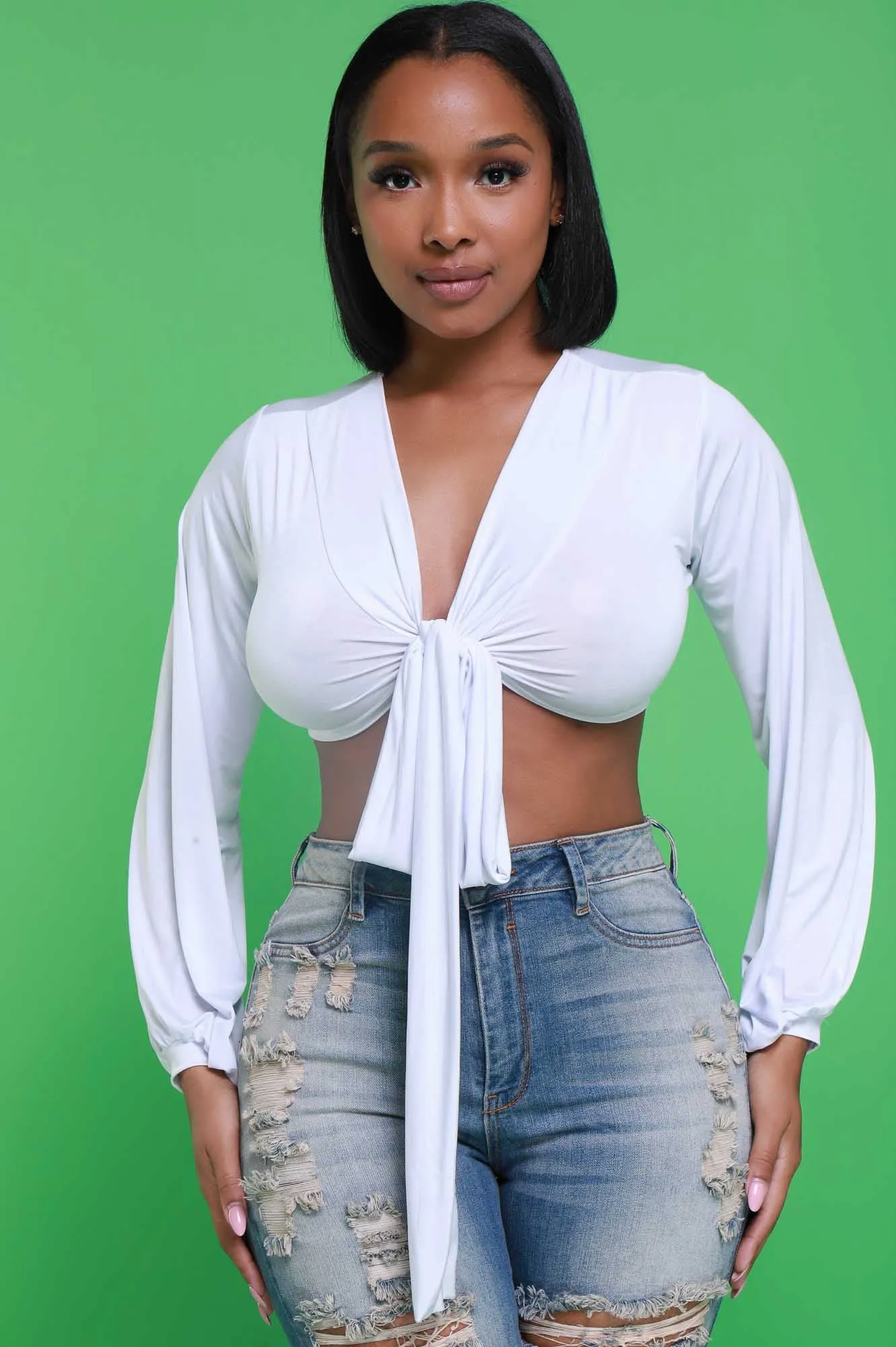 Please Hold Long Sleeve Tie Up Crop Top - White sold by Swankaposh