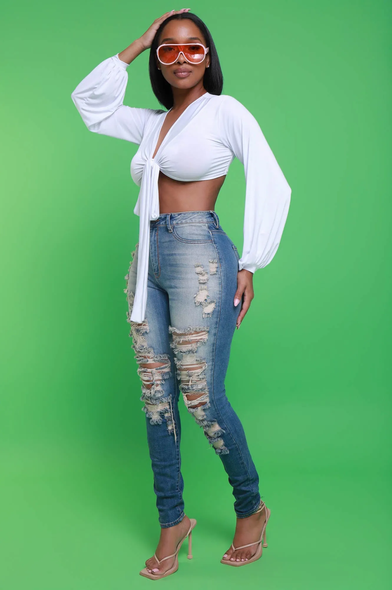 Please Hold Long Sleeve Tie Up Crop Top - White sold by Swankaposh product image thumbnail 2