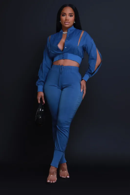Top Priority Zippered Cropped Jogger Set - Dark Wash Denim sold by Swankaposh