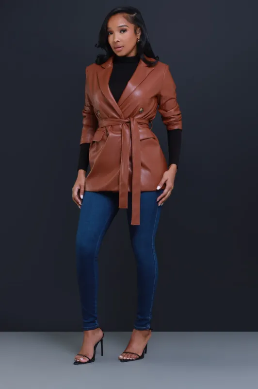 Vote On It Faux Leather Belted Jacket - Chocolate sold by Swankaposh