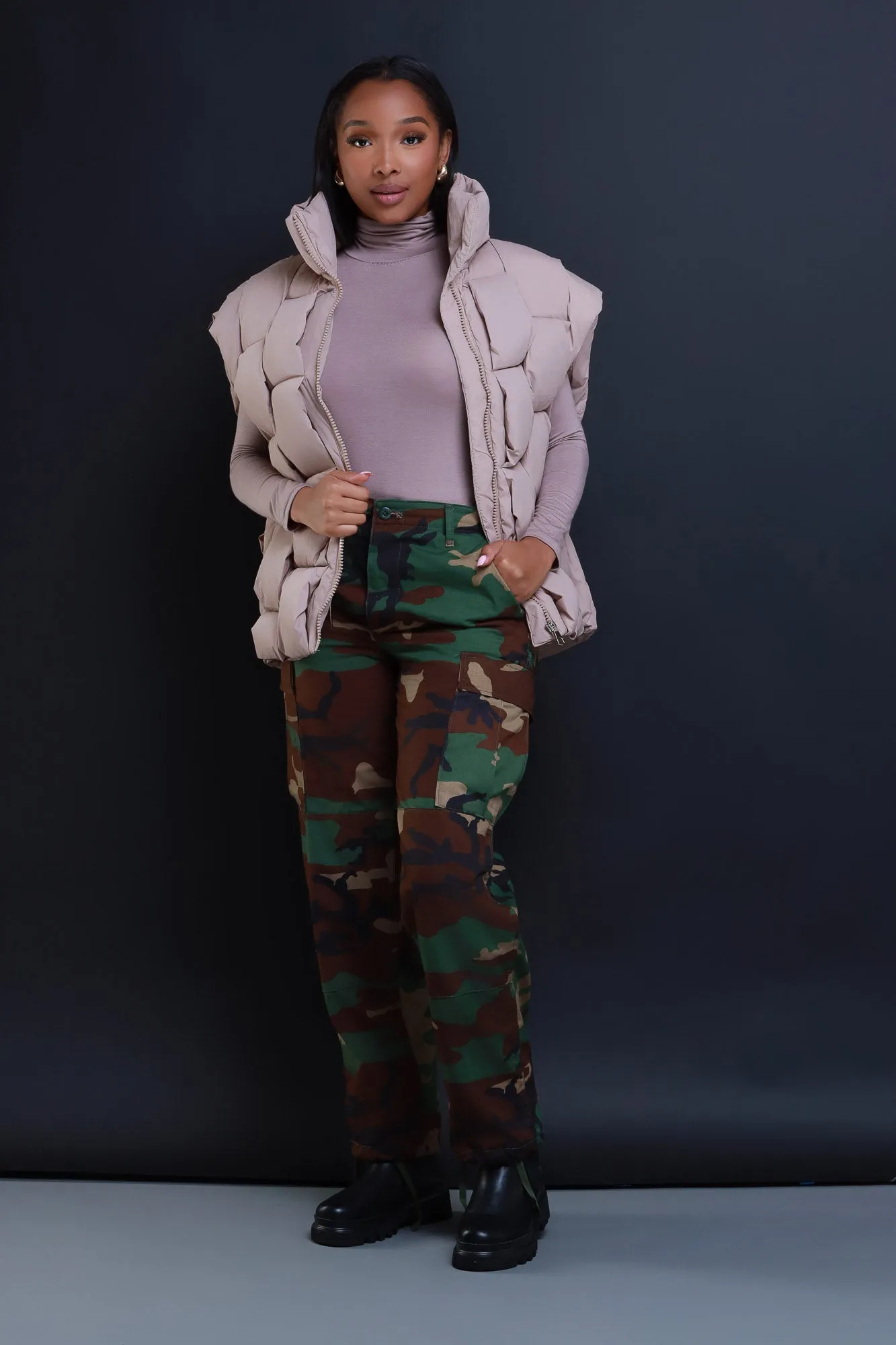 Nowhere Fast Sleeveless Oversized Puffer Vest - Taupe sold by Swankaposh product image thumbnail 4