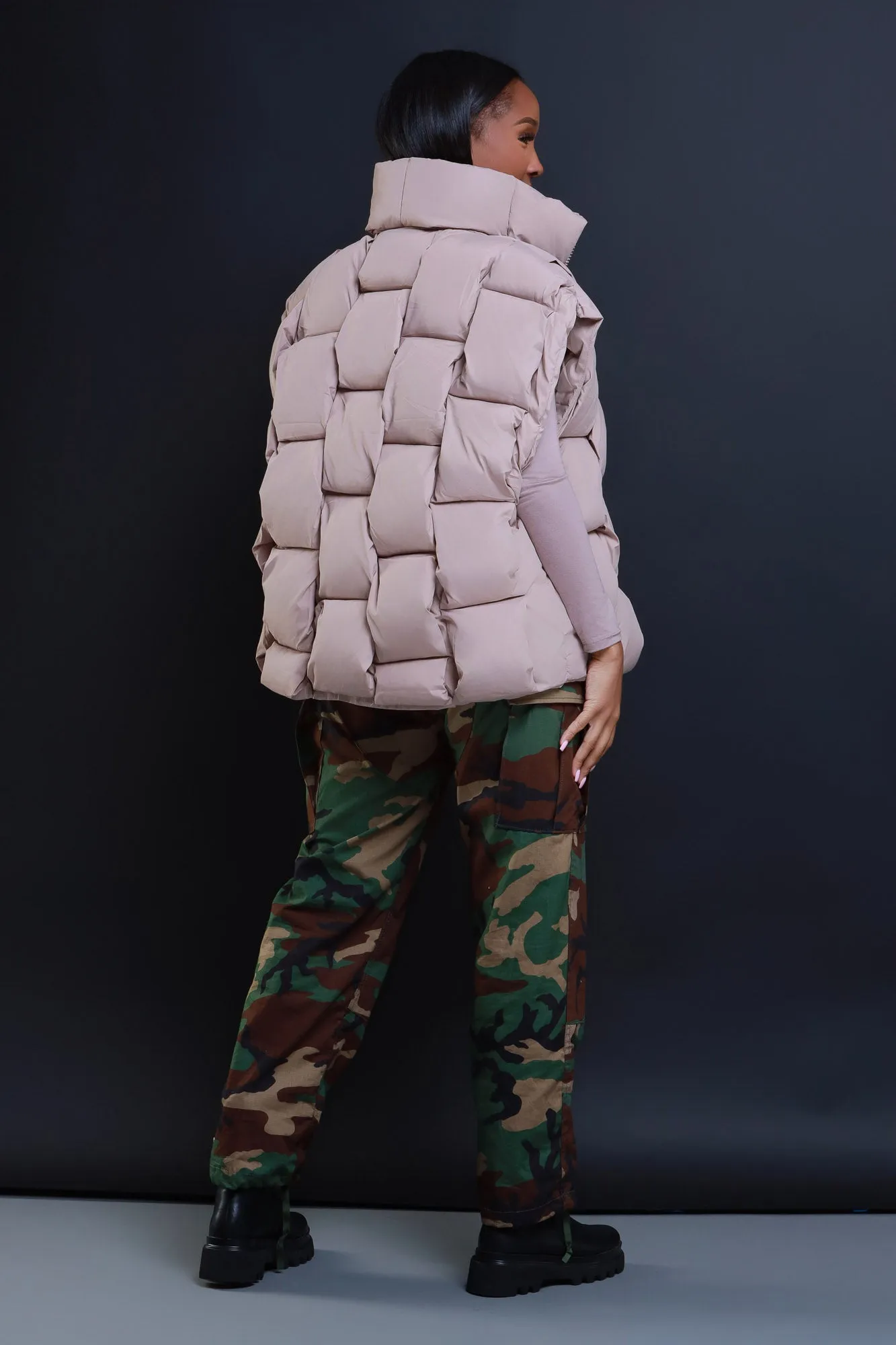 Nowhere Fast Sleeveless Oversized Puffer Vest - Taupe sold by Swankaposh product image thumbnail 2
