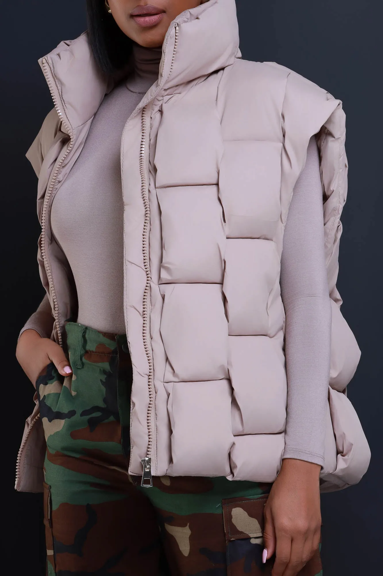 Nowhere Fast Sleeveless Oversized Puffer Vest - Taupe sold by Swankaposh product image thumbnail 5
