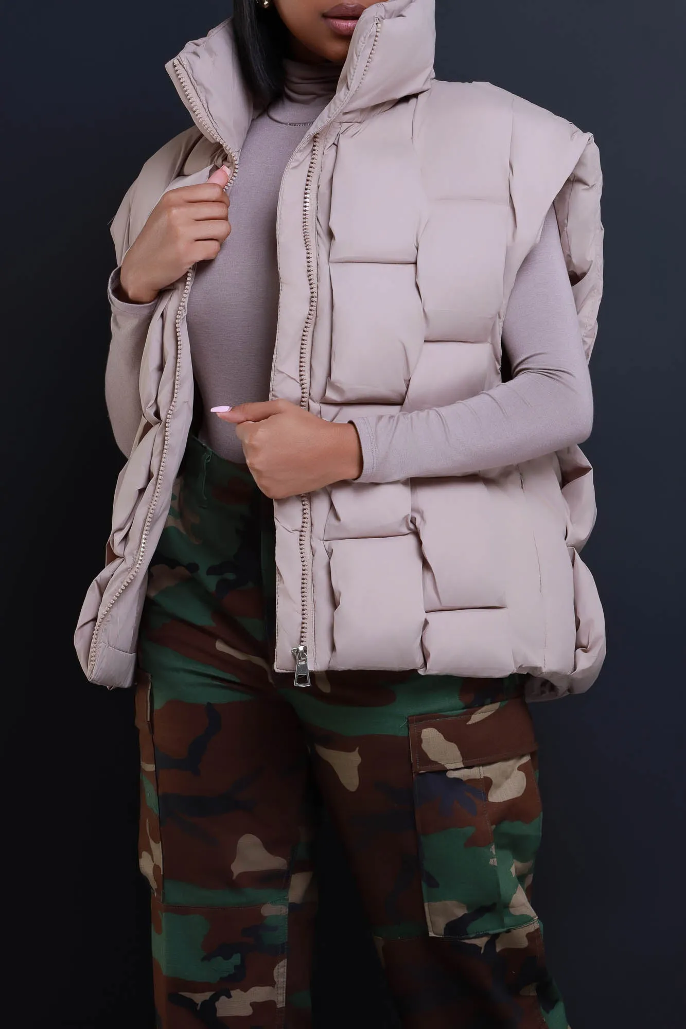 Nowhere Fast Sleeveless Oversized Puffer Vest - Taupe sold by Swankaposh