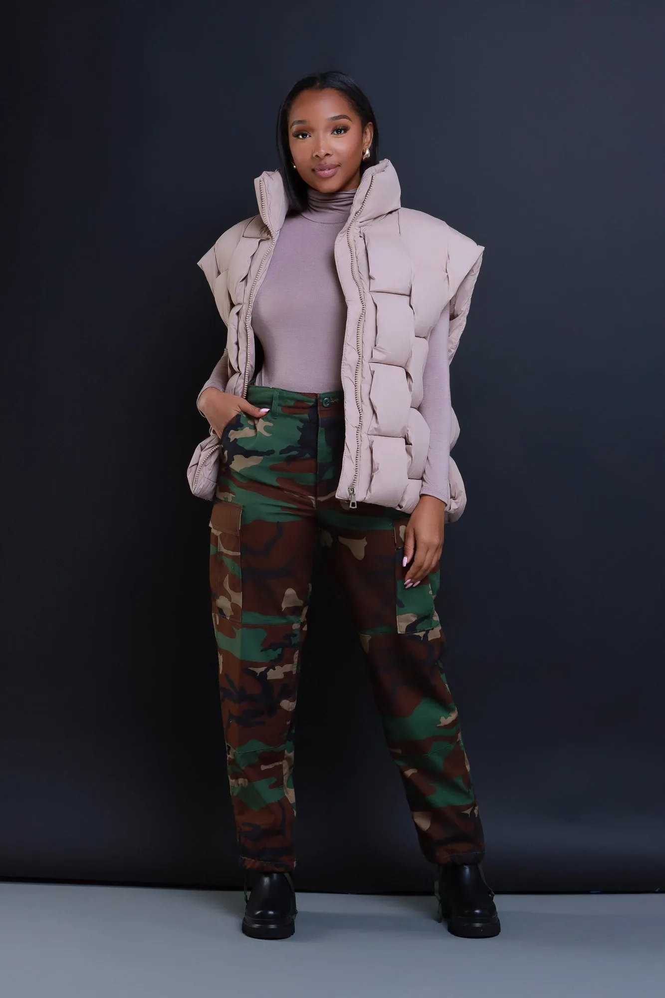 Nowhere Fast Sleeveless Oversized Puffer Vest - Taupe sold by Swankaposh product image thumbnail 3