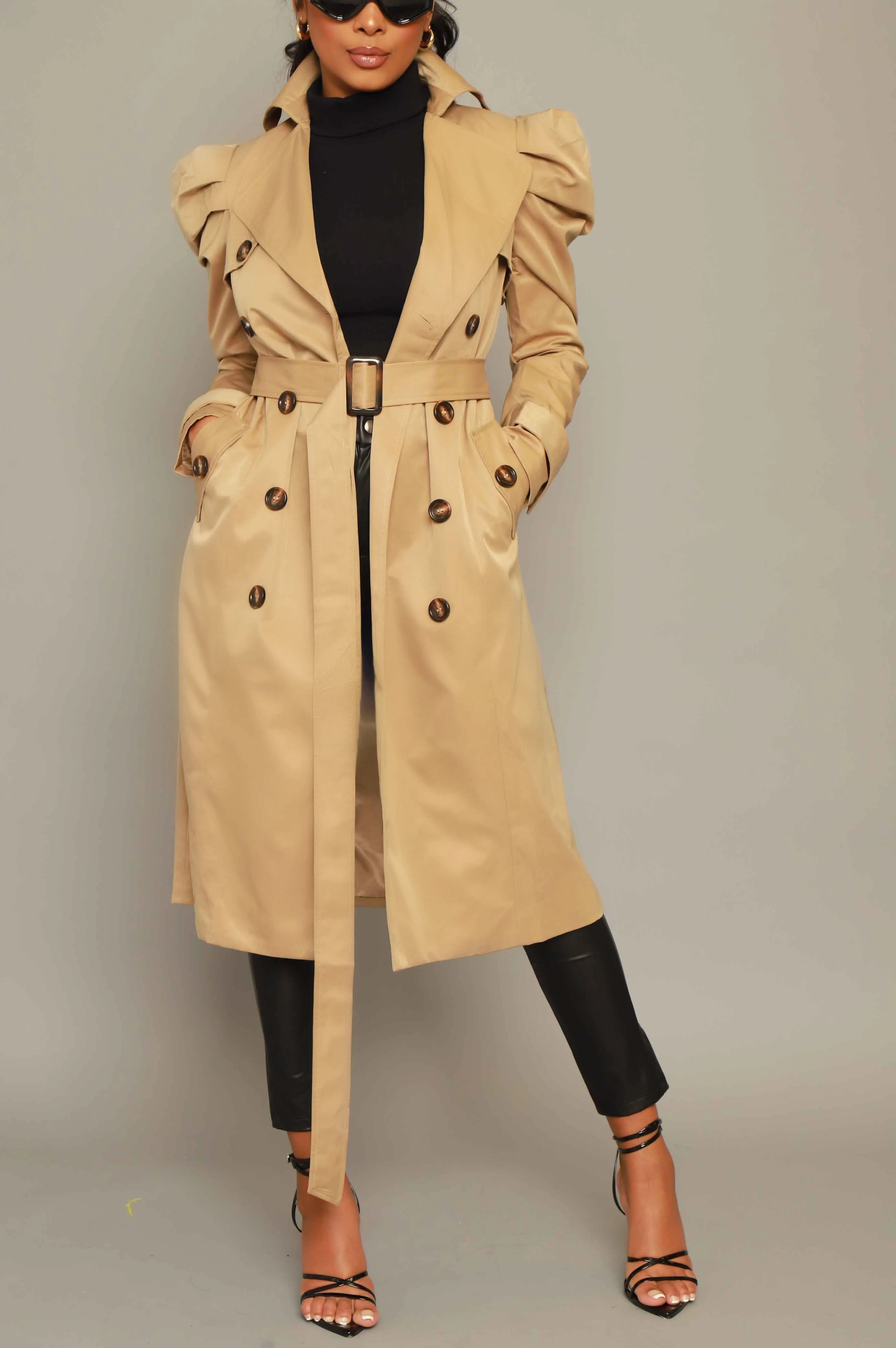 Stand Tall Puff Sleeve Trenchcoat - Khaki sold by Swankaposh product image thumbnail 4