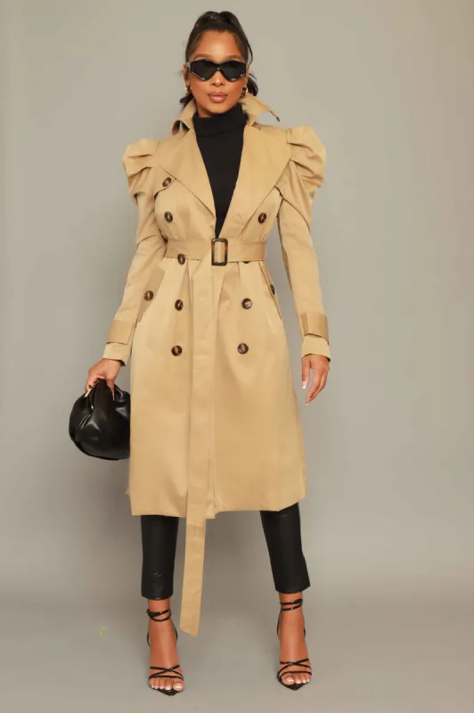 Stand Tall Puff Sleeve Trenchcoat - Khaki sold by Swankaposh