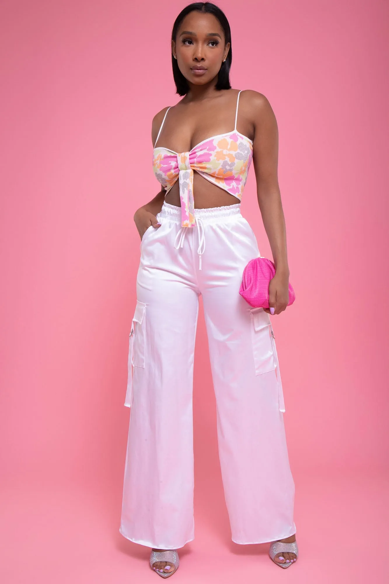 Satin Multi Pocket Long Cargo Pants - White sold by Swankaposh