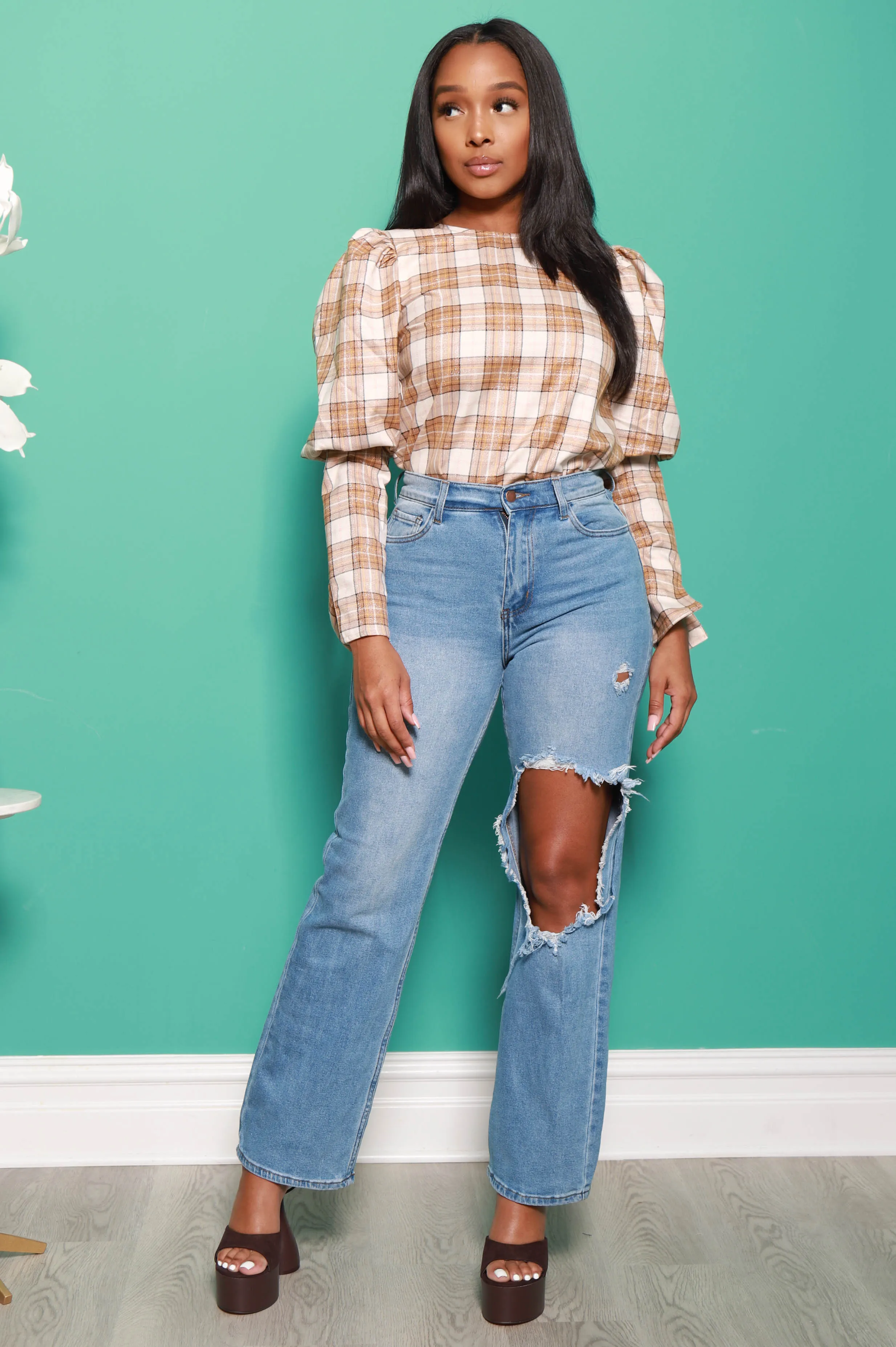 Just Got Plaid Long Sleeve Top - Taupe sold by Swankaposh product image thumbnail 2