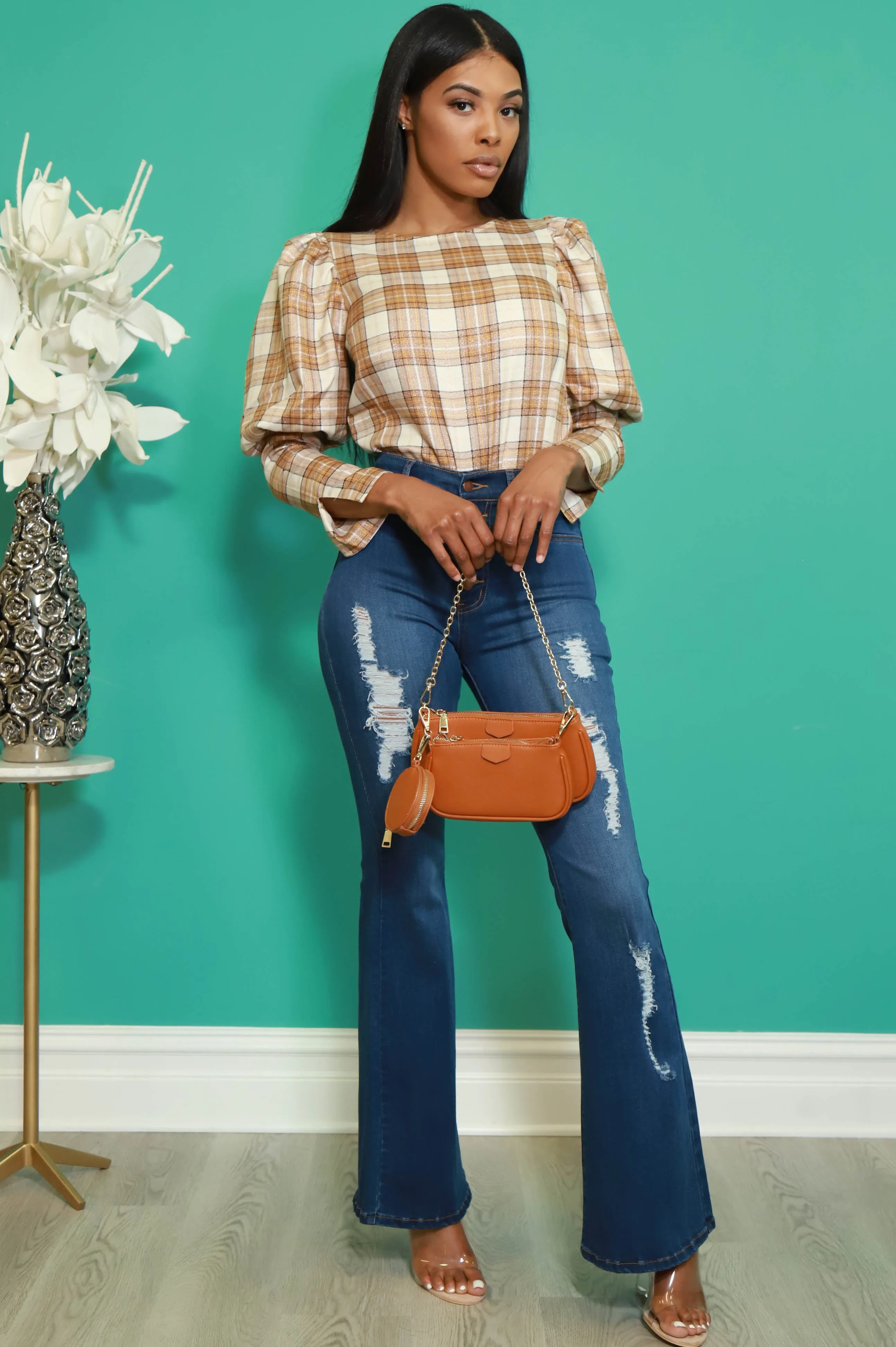 Just Got Plaid Long Sleeve Top - Taupe sold by Swankaposh product image thumbnail 5