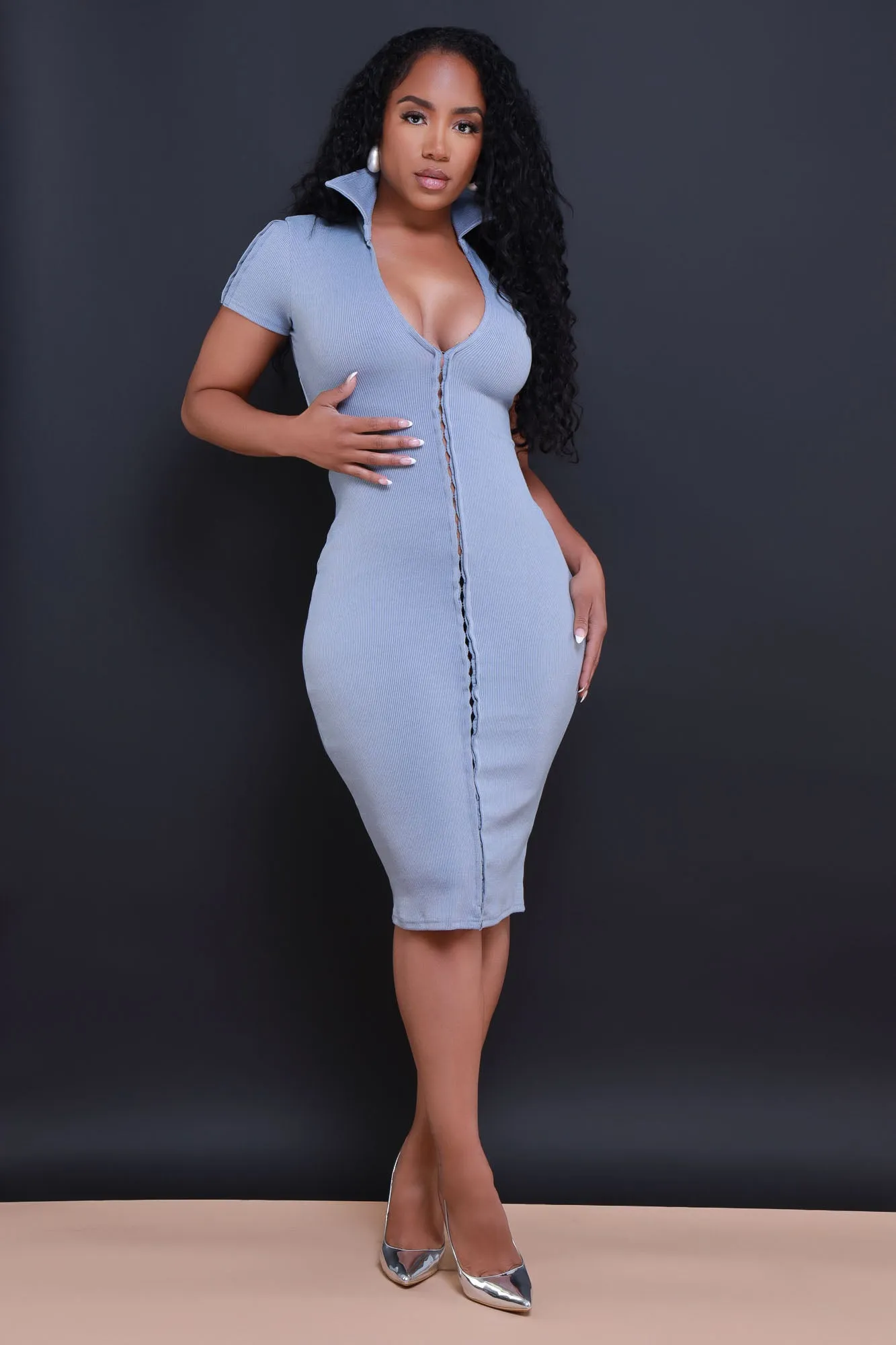 Give It Up Ribbed Button Down Midi Dress - Grey Blue sold by Swankaposh product image thumbnail 4