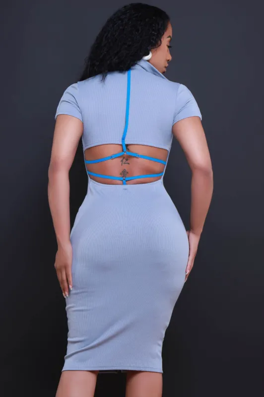 Give It Up Ribbed Button Down Midi Dress - Grey Blue sold by Swankaposh
