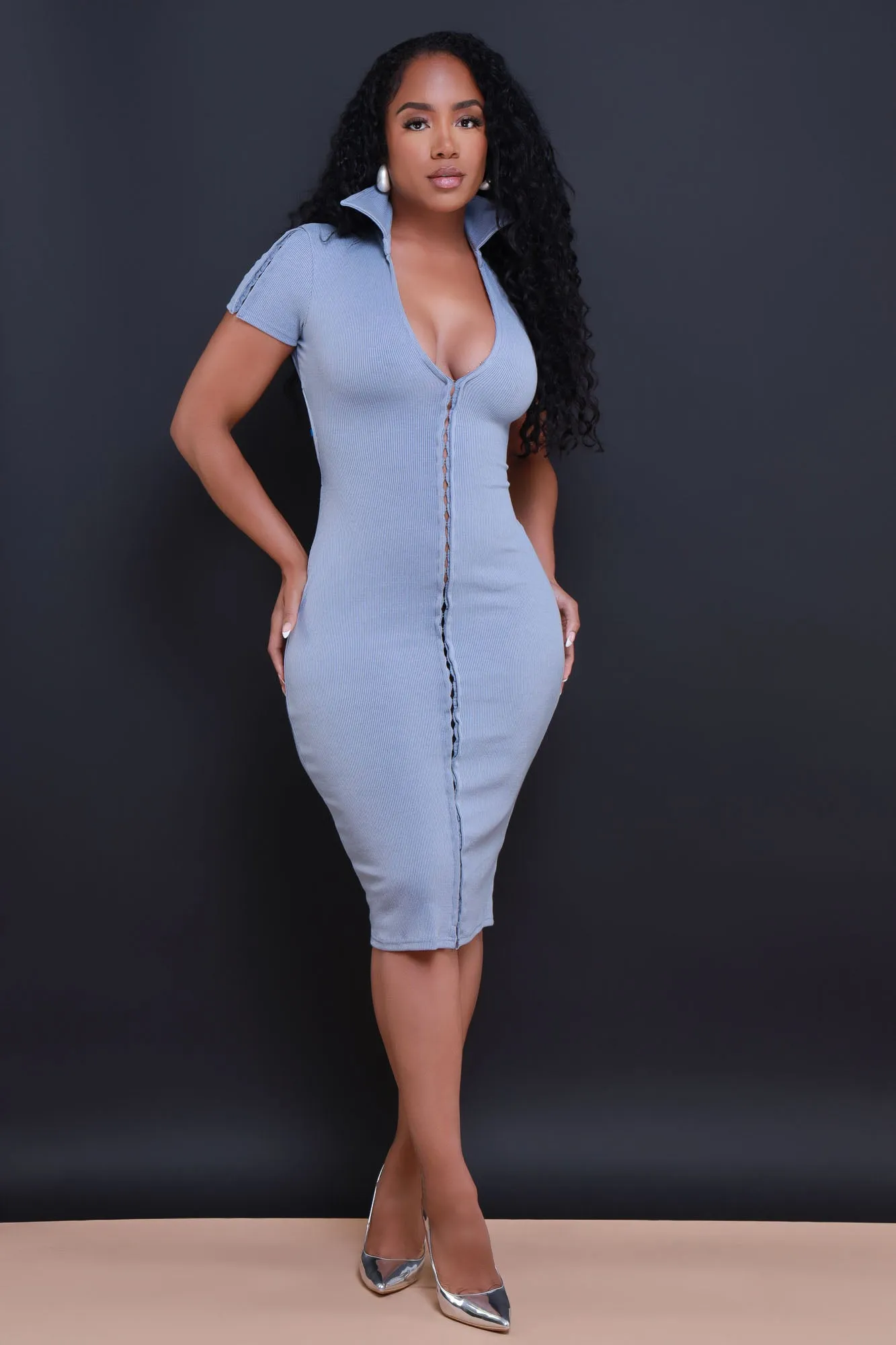 Give It Up Ribbed Button Down Midi Dress - Grey Blue sold by Swankaposh product image thumbnail 2