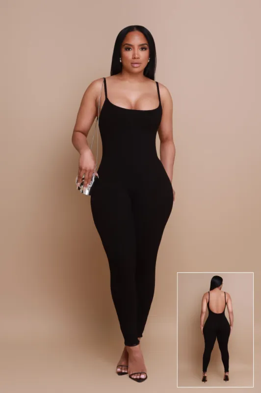 Beat Drop Cellulite Deleter Open Back Jumpsuit - Black sold by Swankaposh
