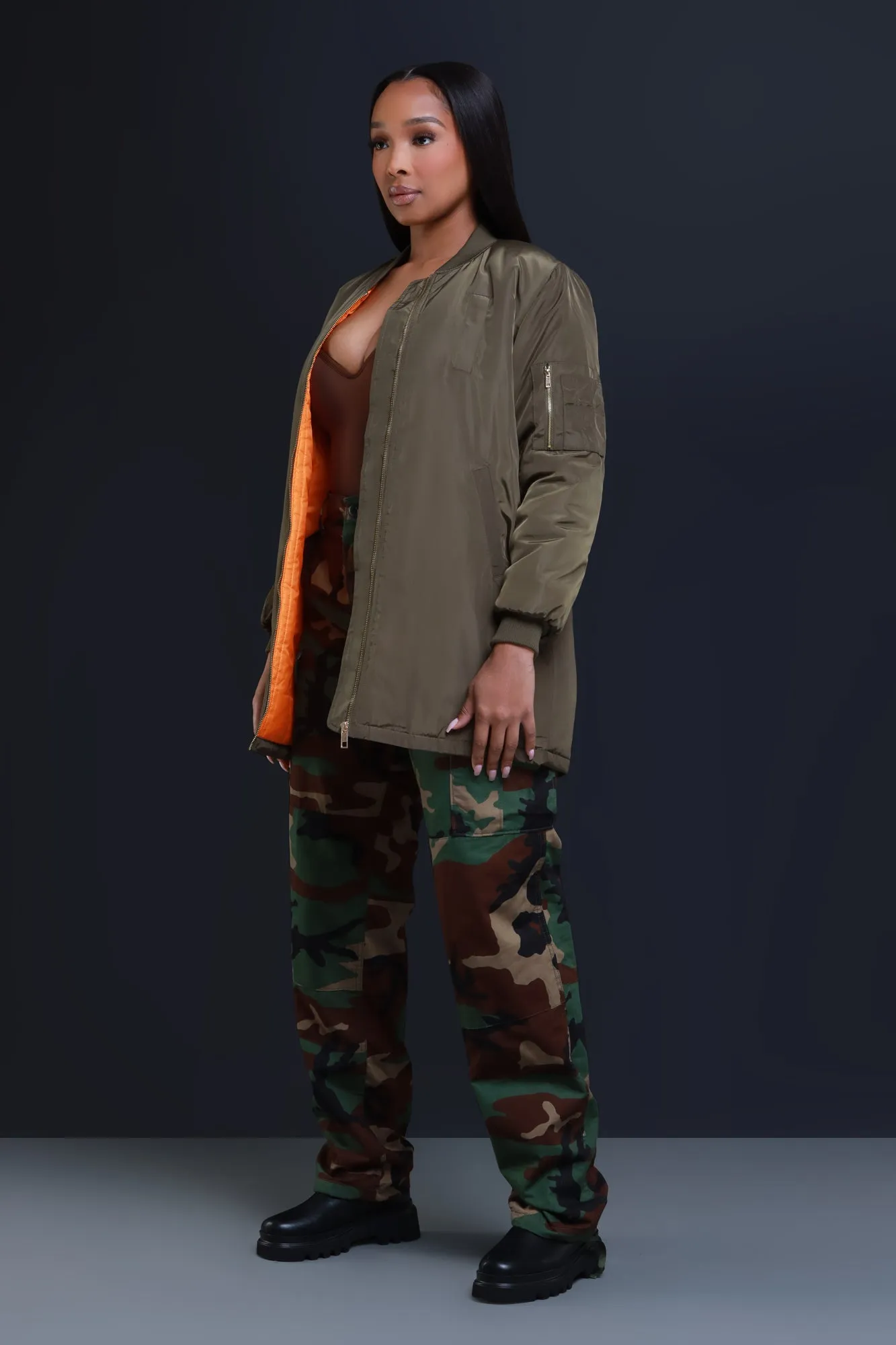 In The Lobby Longline Bomber Jacket - Olive sold by Swankaposh product image thumbnail 4