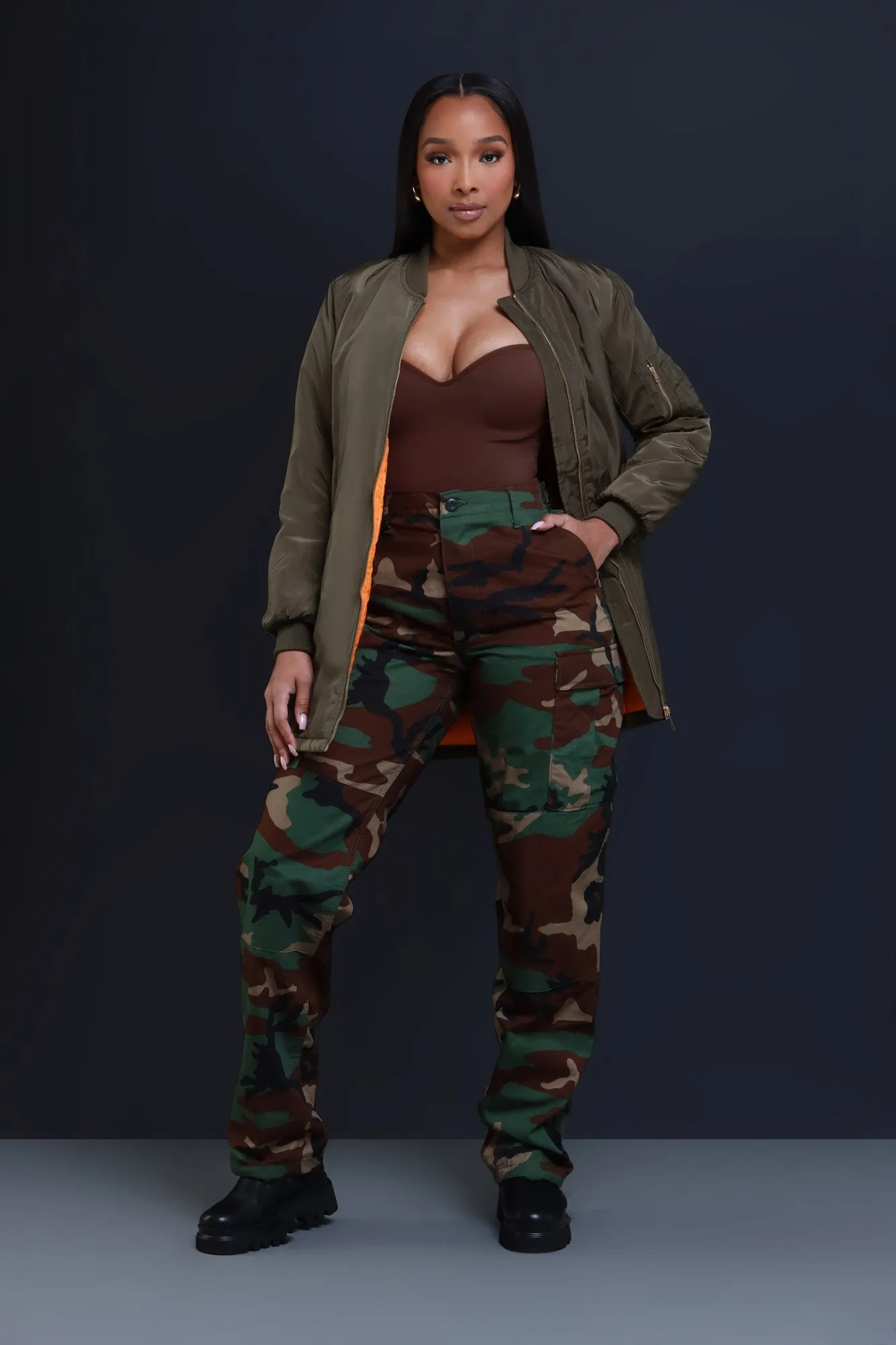 In The Lobby Longline Bomber Jacket - Olive sold by Swankaposh