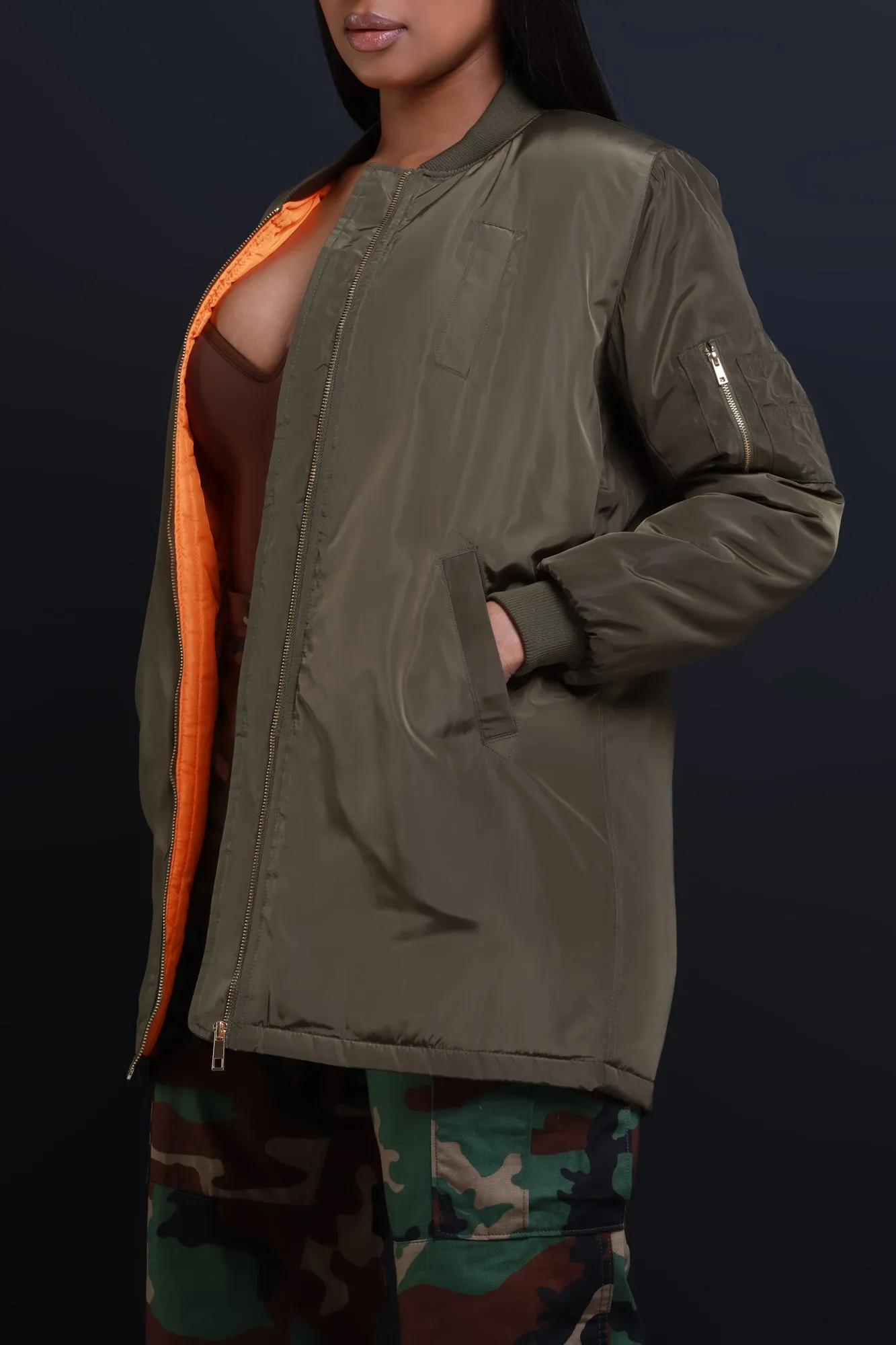 In The Lobby Longline Bomber Jacket - Olive sold by Swankaposh product image thumbnail 2