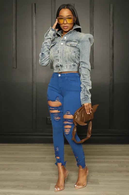 Witness Distressed High Rise Jeans - Royal Blue sold by Swankaposh