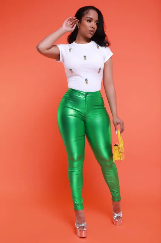 Coming In Hot High Rise Metallic Skinny Pants - Kelly Green sold by Swankaposh
