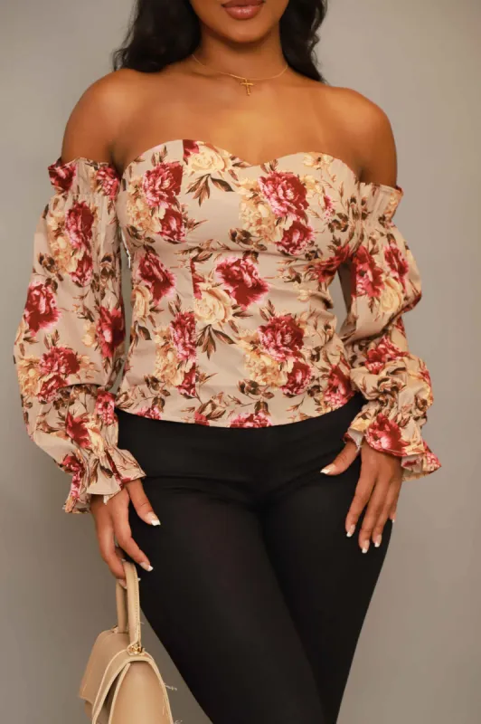 Dollhouse Off The Shoulder Floral Top - Coffee sold by Swankaposh