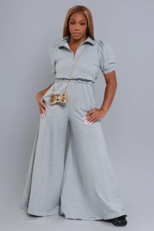 Find My Way Puff Sleeve Wide Leg Jumpsuit - Grey sold by Swankaposh