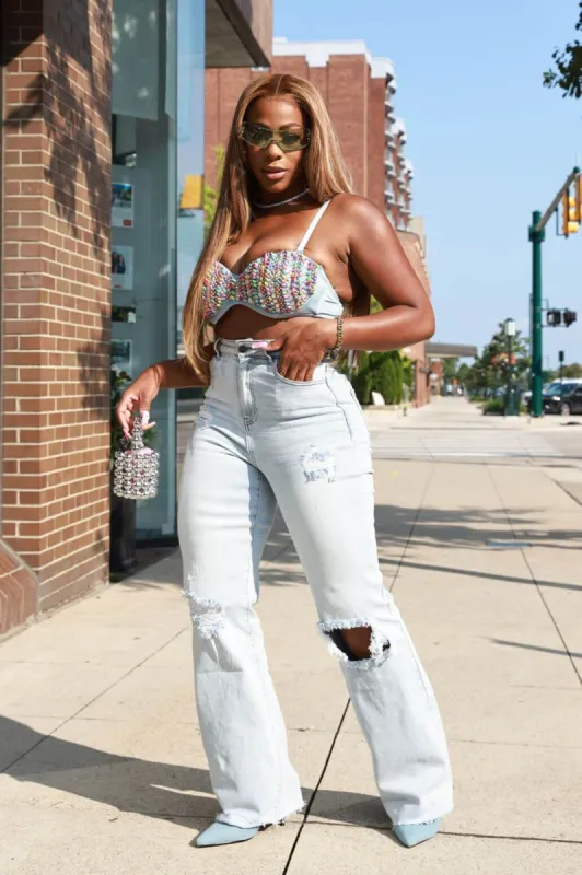 Rewind High Rise Distressed Straight Leg Jeans - Light Wash sold by Swankaposh